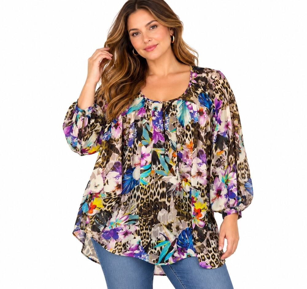 Jennifer Lopez Women's 3X Leopard Tropical Floral Print Sheer Tunic Blouse
